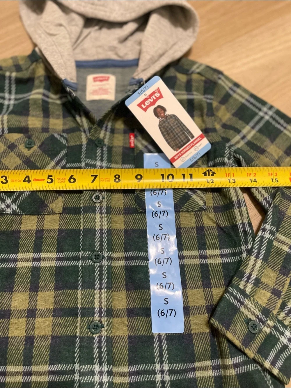 NWT Levi’s Boys Hooded Flannel Shirt Jacket - Green/Gold Plaid - Size S (6/7)